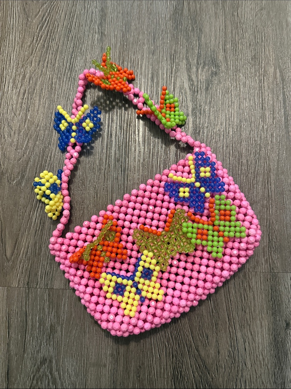 AKIRA Pink Beaded Mini Shoulder Bag with Multicolor Butterfly Accents